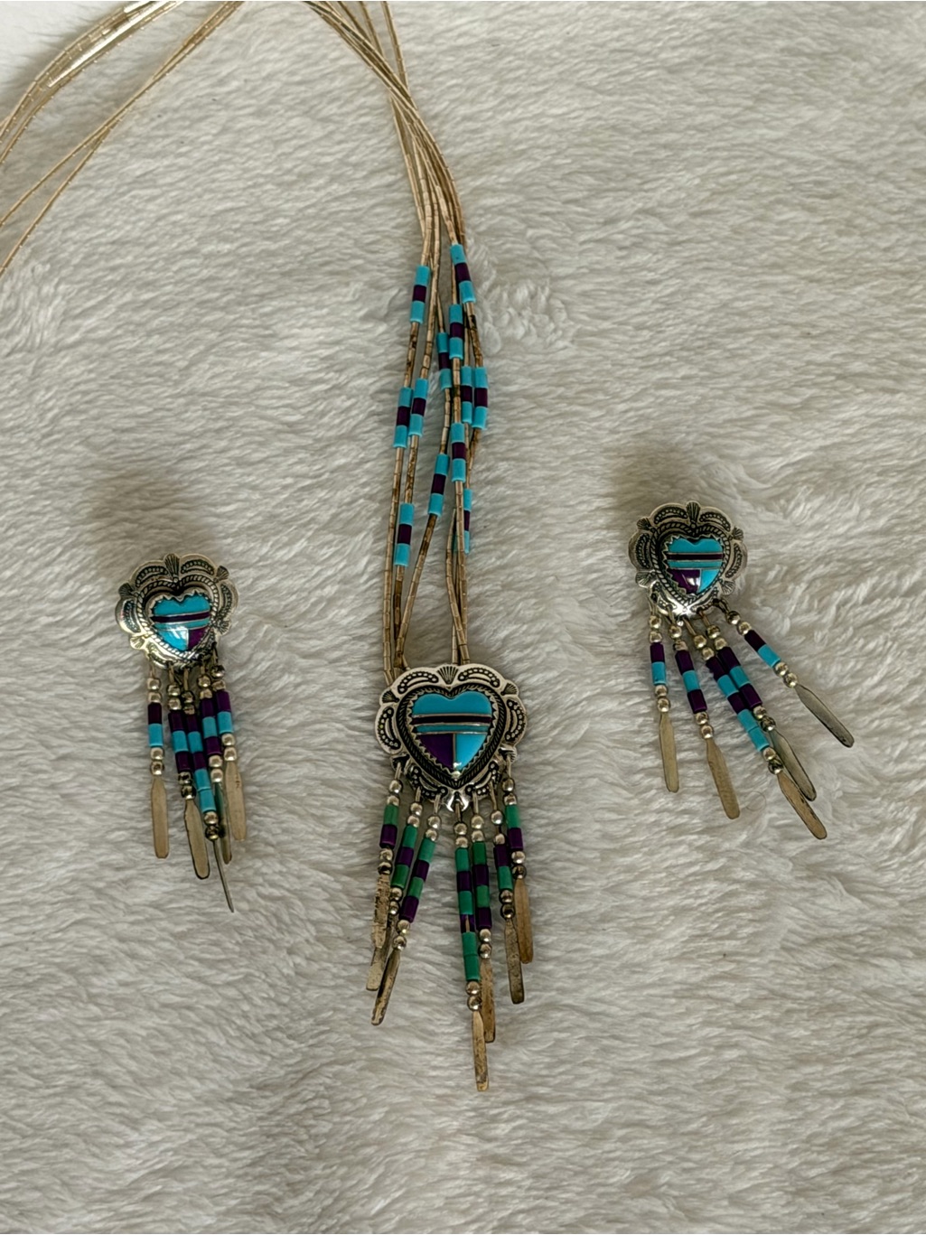 Vintageturquoise Sterling Silver Southwestern Inlay Heart Pendant & Earring Set